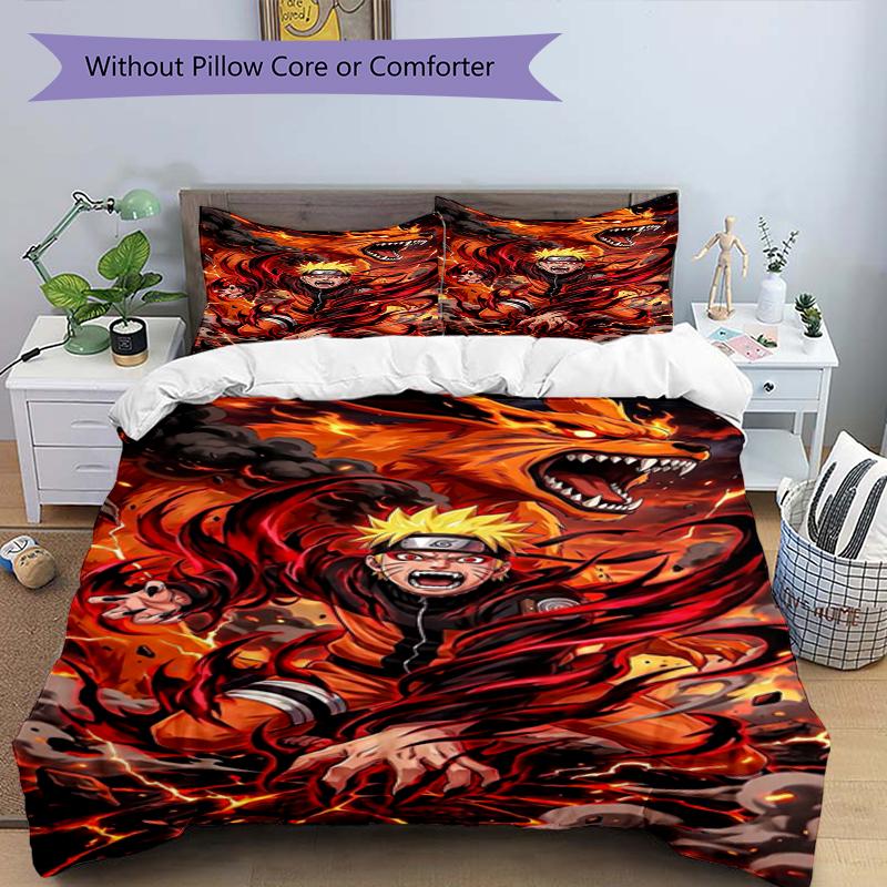 Naruto Fire Design Bed Bedding Set 1 Duvet Cover + 2 Pillowcases Soft Breathable Household Bed Linens