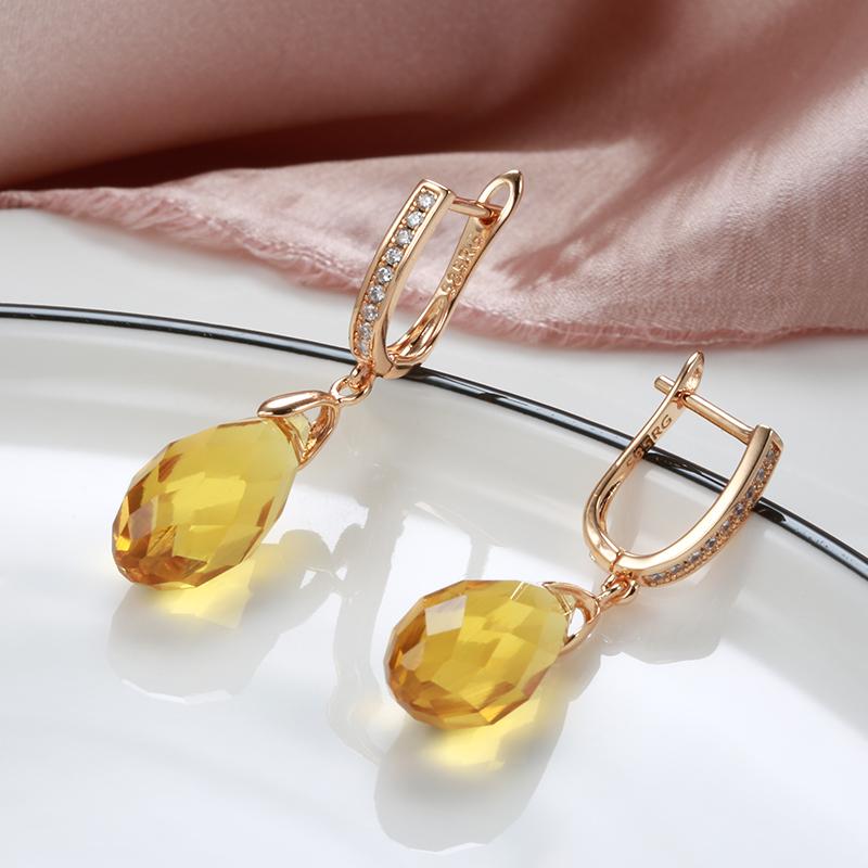 Rose Gold Color Yellow Crystal Drop Earrings For Women Natural Zircon Accessories Wedding Party Vintage Jewelry