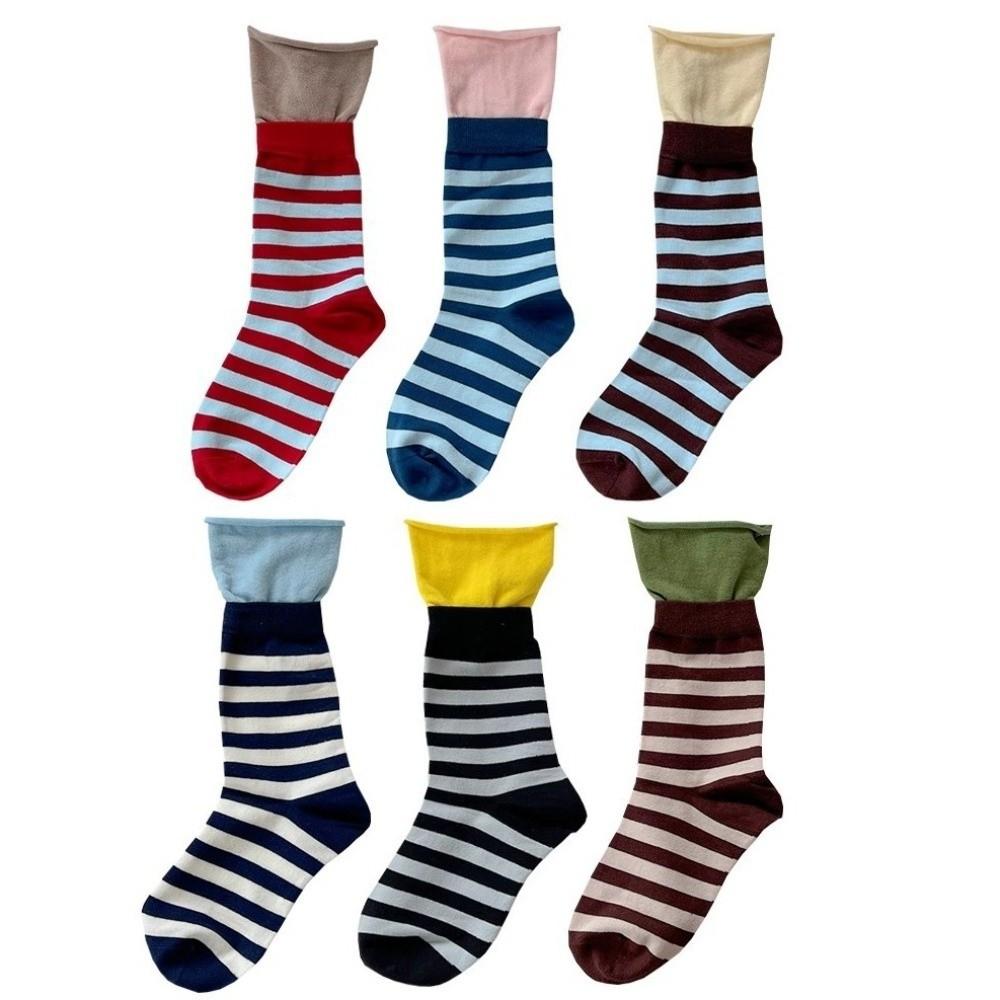 Striped Sports Socks Rolled Edge Double-Layer Socks Kawaii Mid Tube Socks For Women