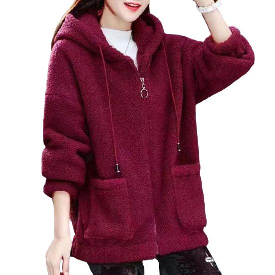 Women Winter Hoodie Thick Fleece Drawstring Hooded Outerwear Full Sleeves Zipper Closure Windproof Cardigan Jacket with Pockets
