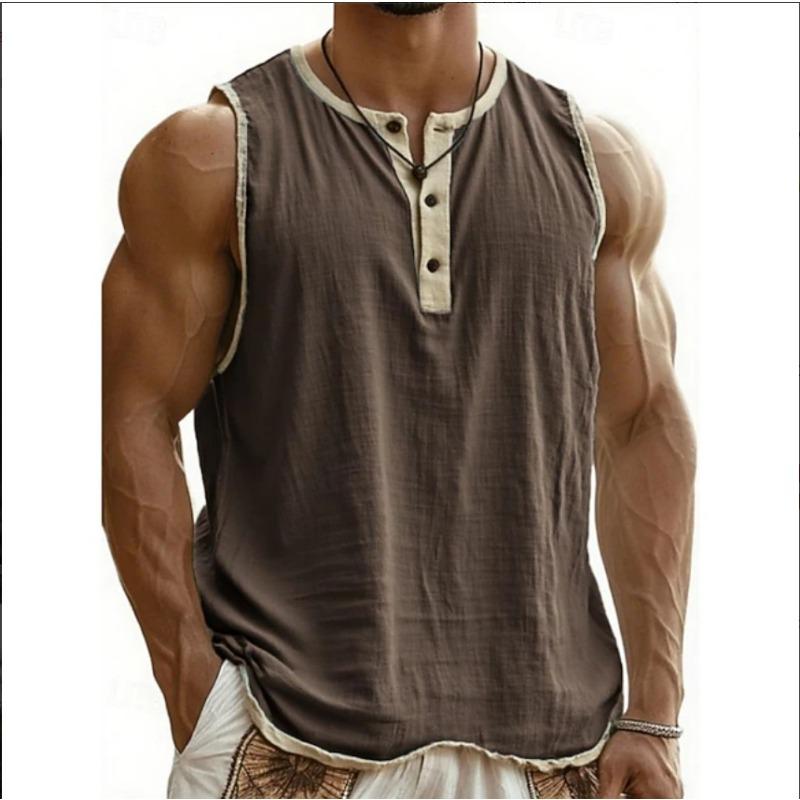 Heren Mouwloos Henley Vest met Contrasterende Rand Katoen Linnen Los Casual Tanktop