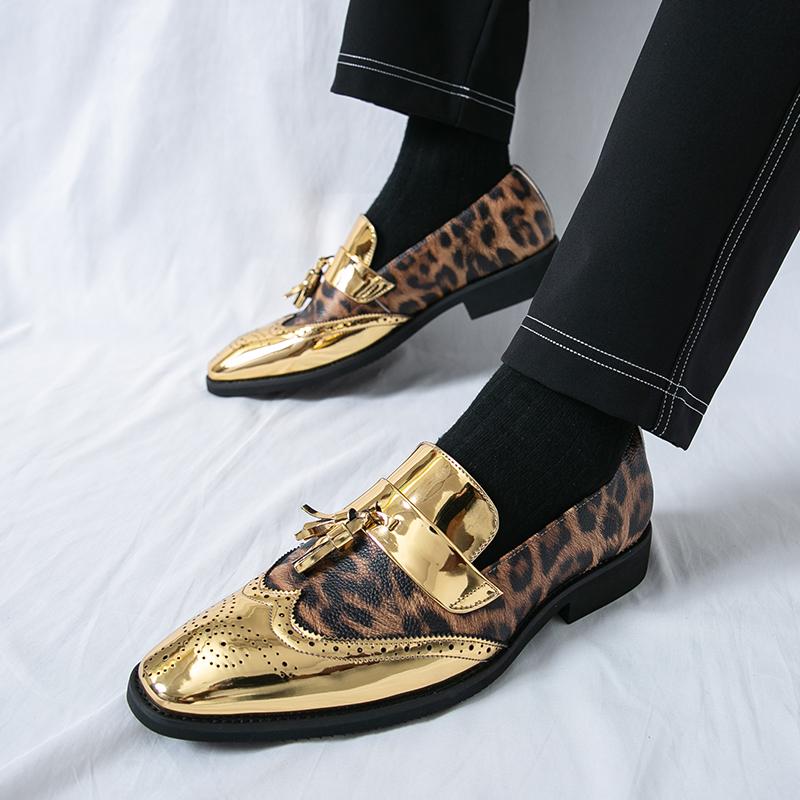 Fashion Brand Men Pointed Tassel Loafers Fashion Trend Leopard Pattern Leather Shoes Street Trend Men's Low Top Breathable Leather Shoes