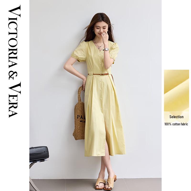 

VICTORIA&VERA Women s V-Neck Cotton A-Line Midi Dress with Belt & Buttons L