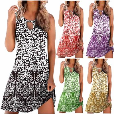 Dresses For Women Casual Summer Floral Printed Tank Sleeveless Dress Hollow Out Loose Beach Short  Sundress