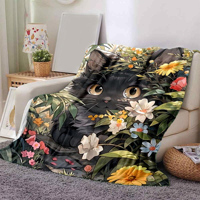 1pc Black Cat Flower Blanket  Soft & Cozy, Perfect Gift for Any Occasion,Living Room, Travel, Camping, Car Blankets