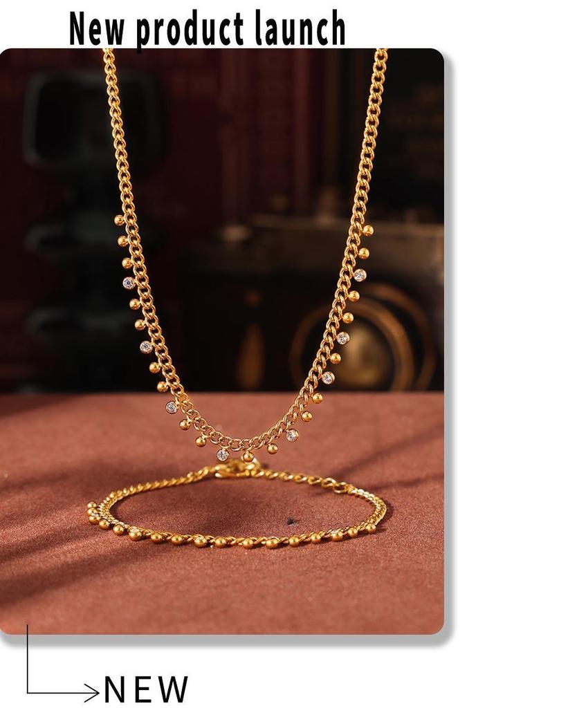 18K Gold-Plated Titanium Steel Necklace & Bracelet Set with Round Bead Spacer & Diamond Tassel