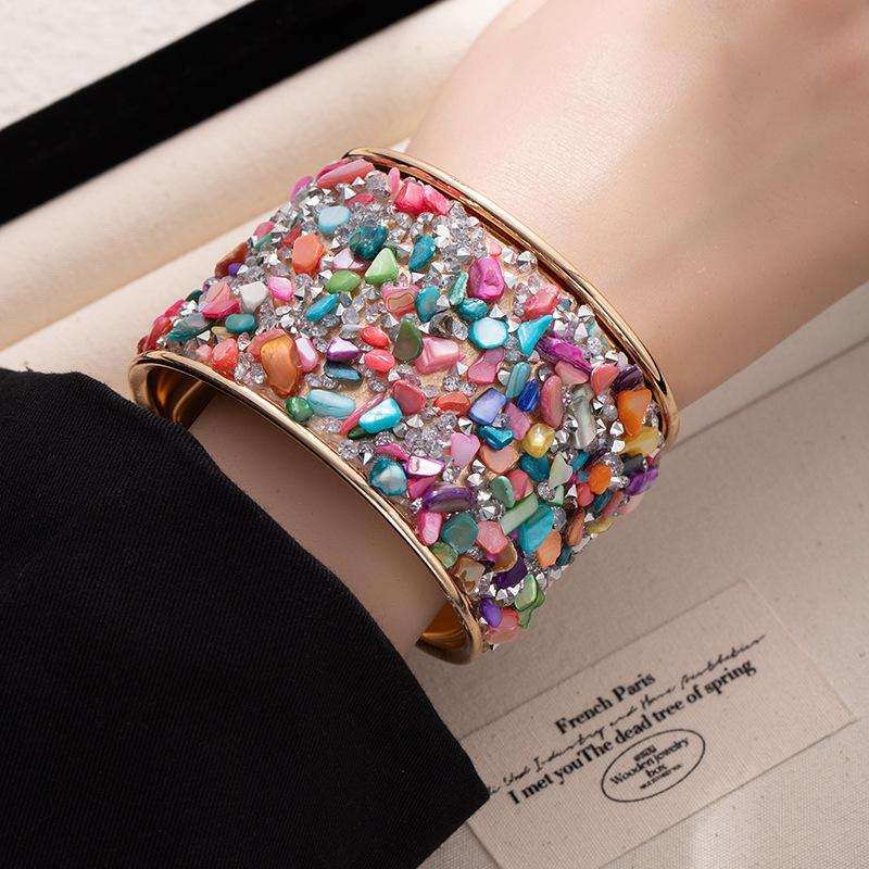 

Colored gravel wide-sided open bracelet, flash diamond-encrusted bracelet, men s and women s high-end trendy cool arm ring