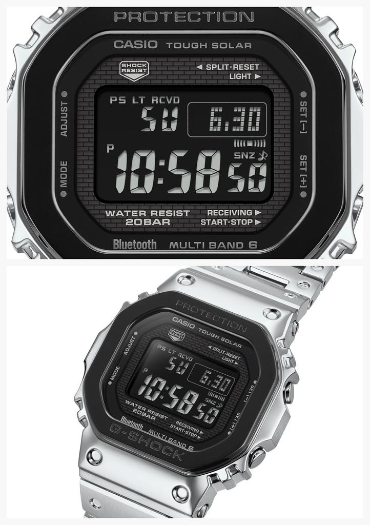 Casio Horloge Volledig Zonne-energie Zwart Zilver G-Shock Heren GMW-B5000BT-1JF, Metaal, Bluetooth, Radiogestuurd, Aangedreven, Lunette,