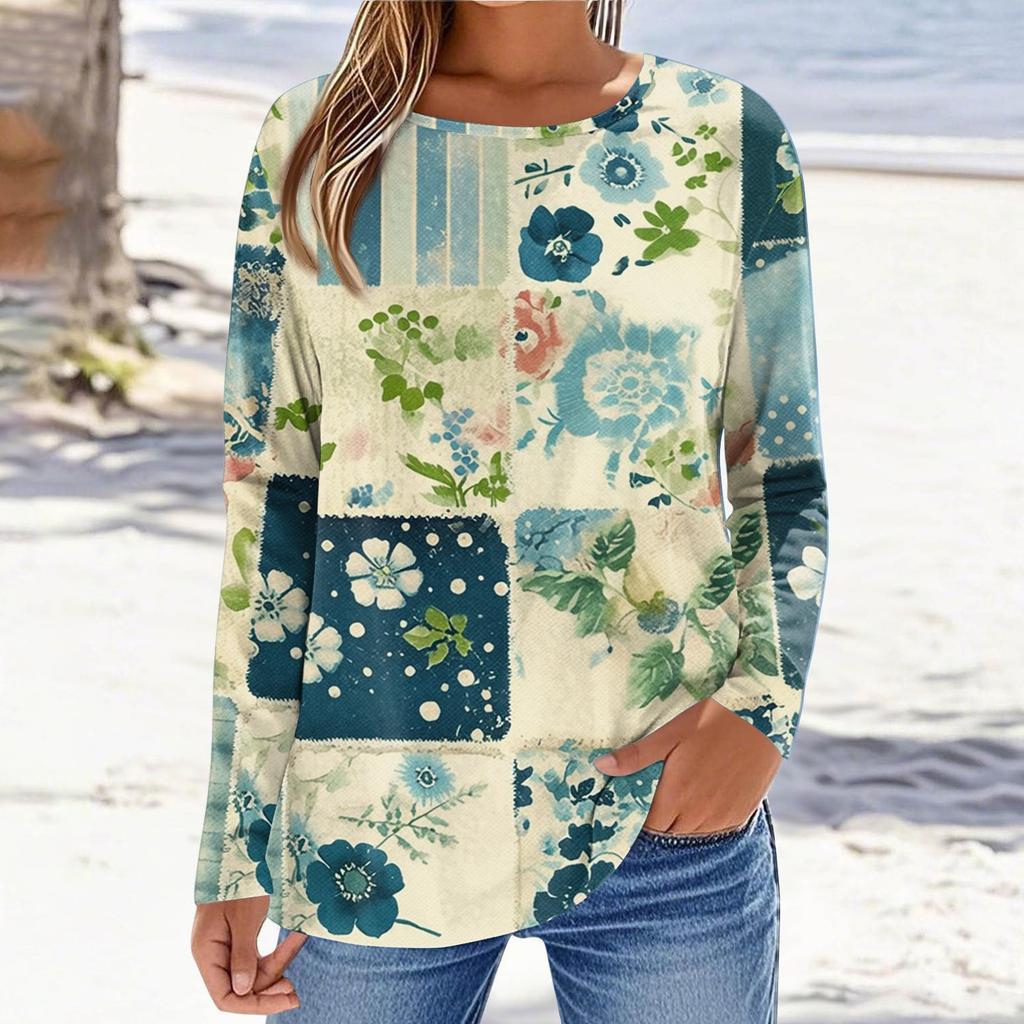 Women's Fashionable Casual Printed Long Sleeved Round Neck Top Round Neck Top Top