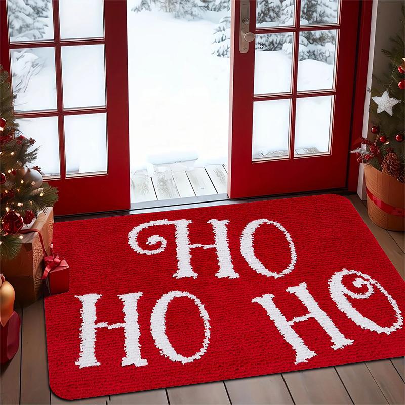 Pink Bauble Pine Star Merry & Bright Letter Print Non Slip Front Door Mat Soft Xmas Holiday Entryway Decor Rug