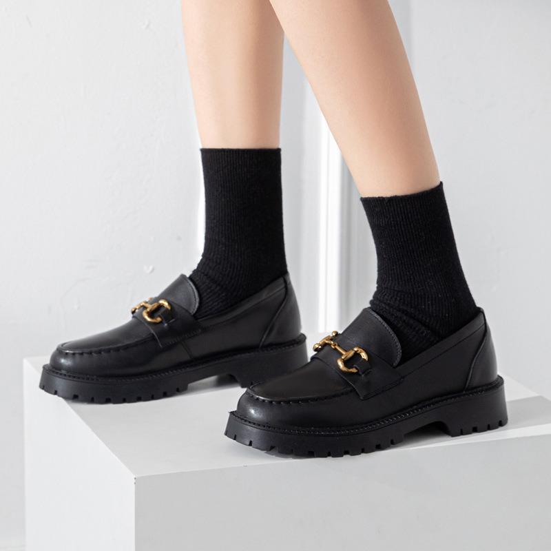 Whole cowhide~ genuine leather thick-soled women's spring new small gold buckle retro small leather shoes women