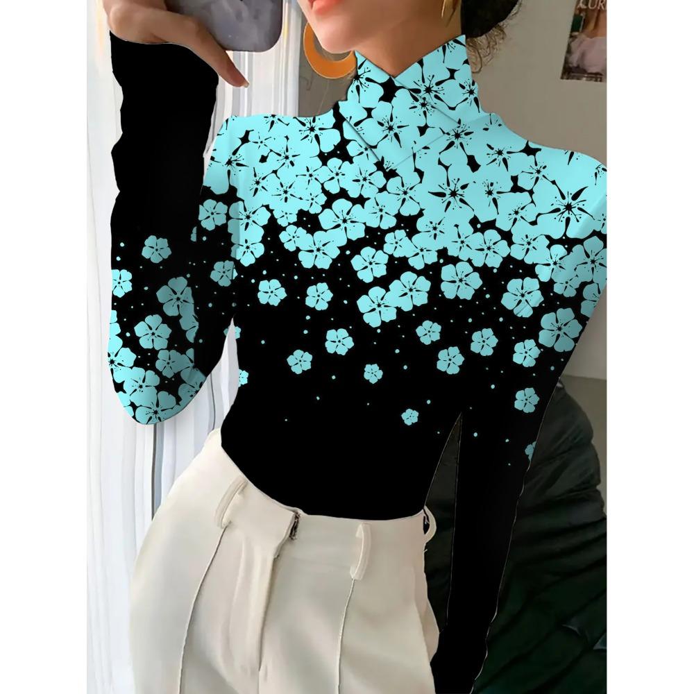 Women's autumn and winter cheongsam collar long sleeves, sky blue flower print T-shirt, suitable for autumn and winter wear