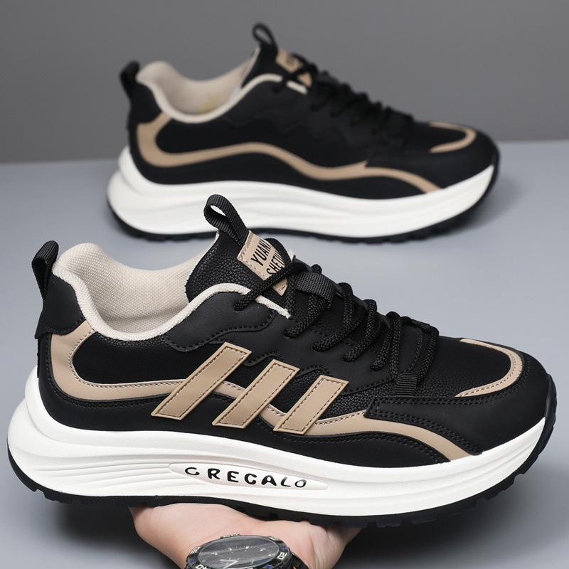 Men's shoes autumn and winter leather sneakers light and comfortable soft-soled casual trendy shoes thick-soled versatile color matching dad shoes