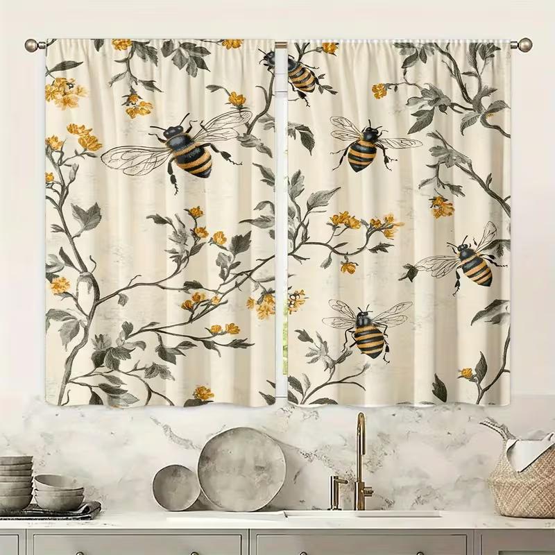 2 Pcs Bee flower print curtains,suitable for bedroom,living room kitchen decoration,home decoration,window decoration