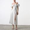 European and American summer French dress, women's bubble sleeve solid color high split skirt