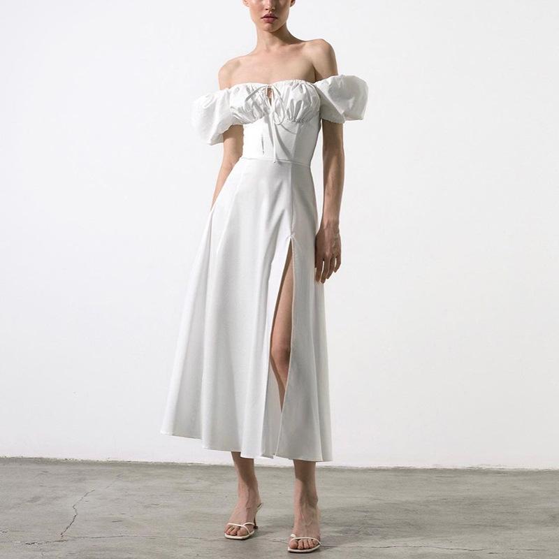 European and American summer French dress, women's bubble sleeve solid color high split skirt