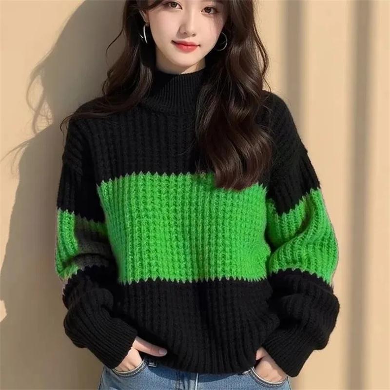 Color Blocking Dickes Garn Lockerer Pullover Damen Winter Einzigartig Gestrickt Faul Basis Oberteil