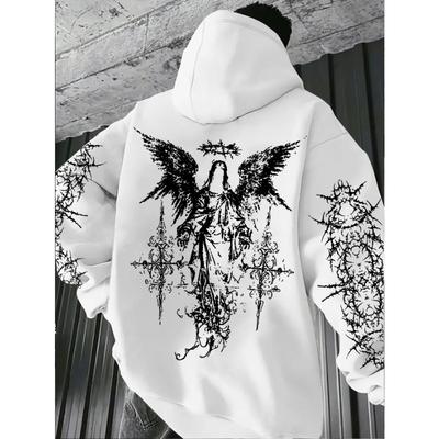 Men's Angel Element Graffiti Thorn Print Streetwear Hip-Hop Punk Style Hooded Sweatshirt