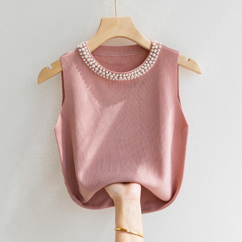 Maglia aderente con colletto alto e perline da donna, con fondo primaverile