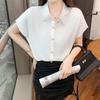 Elegant Fashion Ladies Beading Polo-Neck Solid Short Sleeve Shirt Tops Women's Clothing Summer Single-breasted Chiffon Blouses