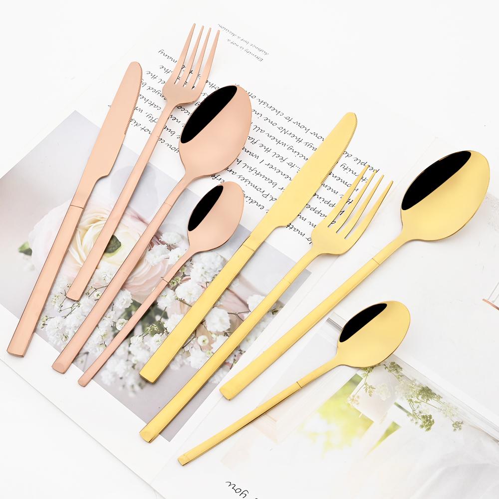 16Pcs Rose Gold Dinnerware Set Knife Fork Coffee Tea Spoon Cutlery Set Stainless Steel Tableware Western Home Kitchen Flatware