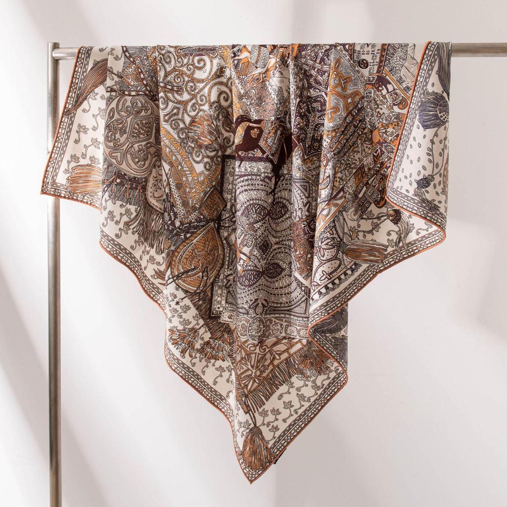 Exotic Knight Silk Wool Square Scarf: Elegant Double-Sided Print, Sun Protection & Neck Warmer