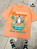 A Cat With A Bowl Of Noodles Printed Washed TShirt Men Comfortable  Cotton Soft Tee Casual Loose Unisex Retro Clothing