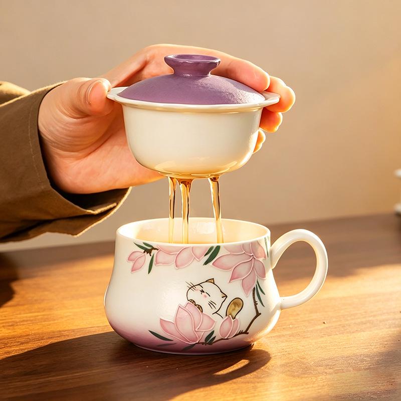 Chuwu 2026 Hand-Painted Ceramic Tea Cup – Stylish Water & Tea Separation Mug for Women