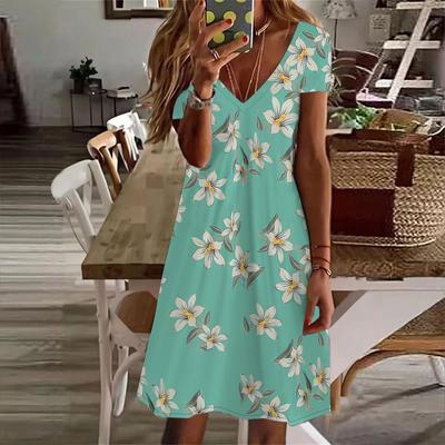 Summer Fashion Women's V Neck Short Sleeve Flower Printed  Dress Sex Short Skirt Dresses