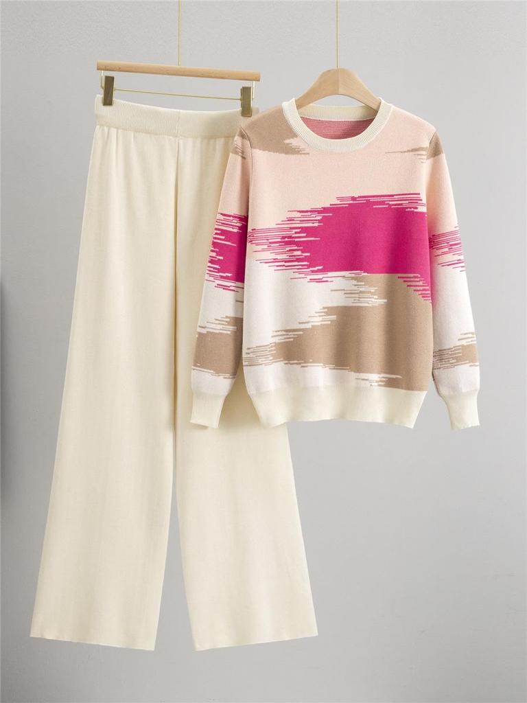 Herbst/Winter 2025 Damen Farbblock-Pullover & Strickhosen Set - Lässige Eleganz