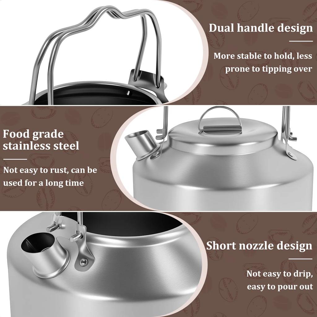 Campingkessel mit Doppelgriff Edelstahl Kurzes Auslaufdesign Tragbare Camp Tee-Kaffeekanne für Reise Outdoor-Aktivität