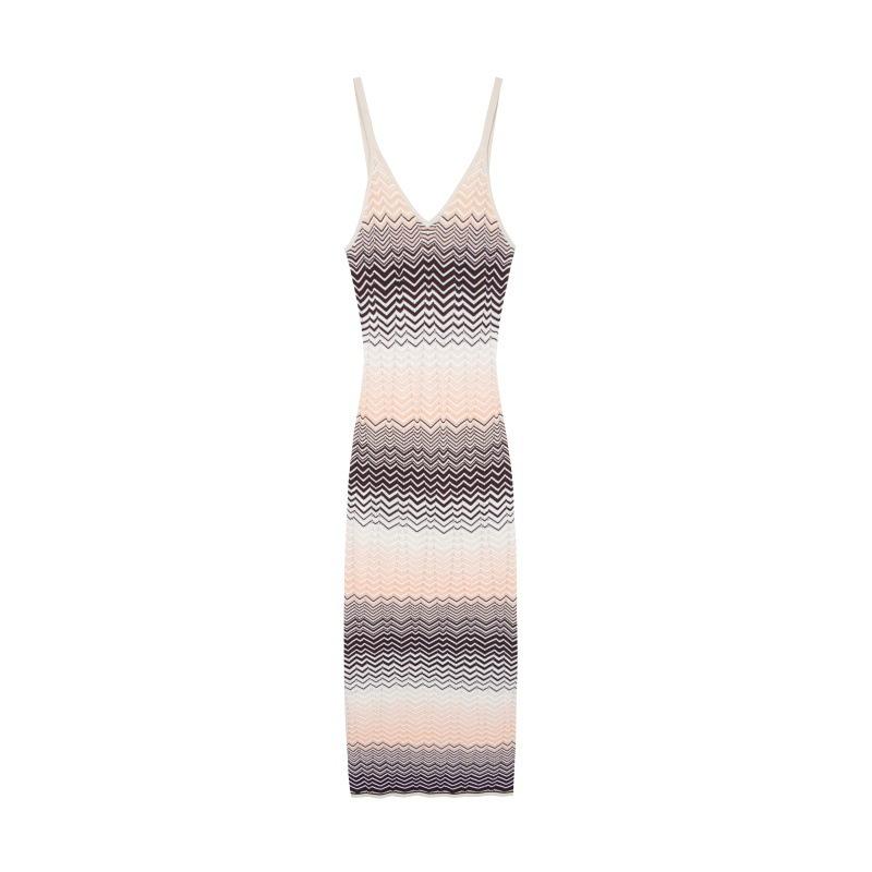 Elegant Lady V-Neck Sleeveless Tencel Medium and Long Wave Stripe Knitted Dress S