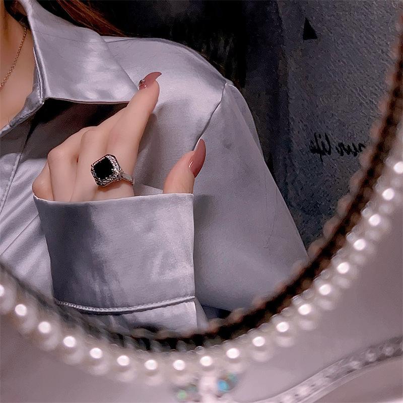 Blue Zirconia Geometric Square Jewelry Set: Earrings, Necklace & Ring - Korean Fashion, French Retro High-End Style