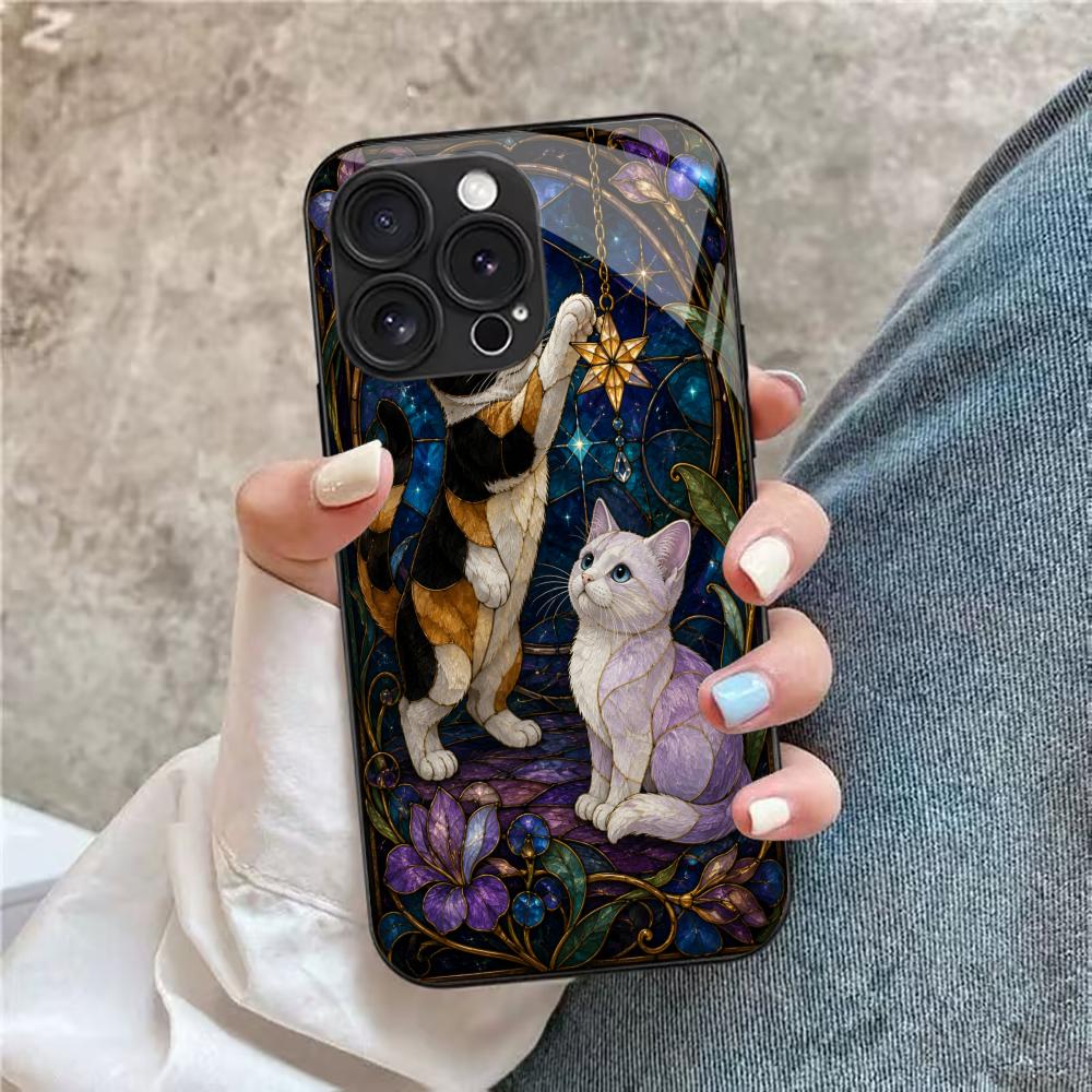 Kitten Tempered Glass Case For iPhone 17 16 Plus 15 Pro 13 14 12 Anti Scratch Raised Camera Lens Protection Cellphone Shell