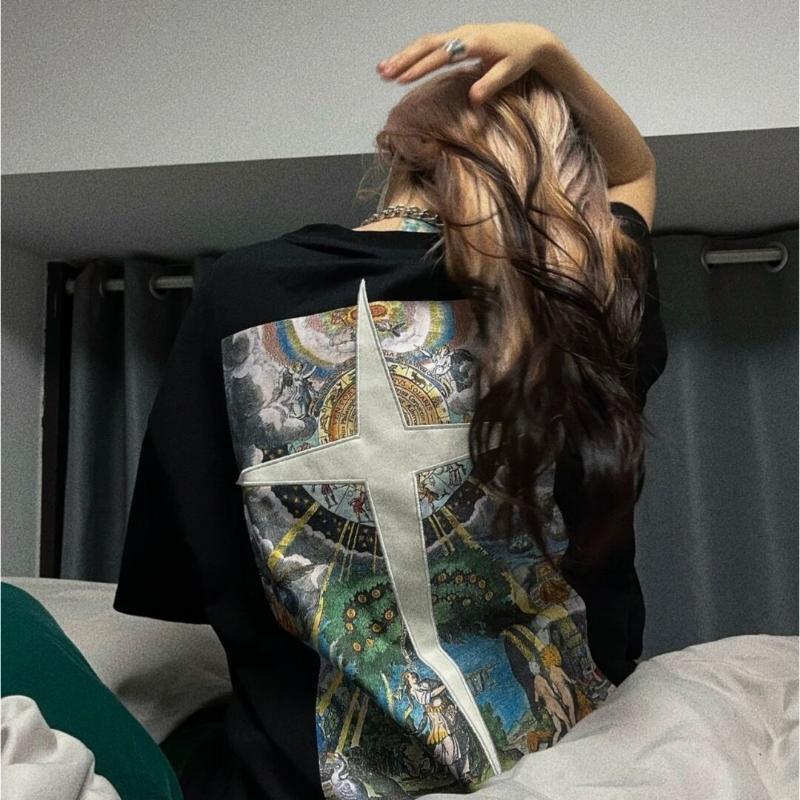 Plus Size Cotton T-Shirt Summer Lazy Style Short Sleeve Women's Top Couple Matching Loose Fit Casual Cartoon Print Tee 90kg Wear