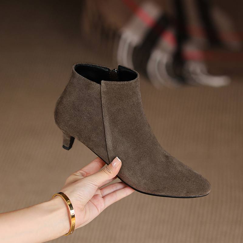 Krazing Pot Cow Suede Winter Round Toe Med Thin Heels Modern Boots Women Big Size 43 Zipper Basic Clothing Ankle Boots