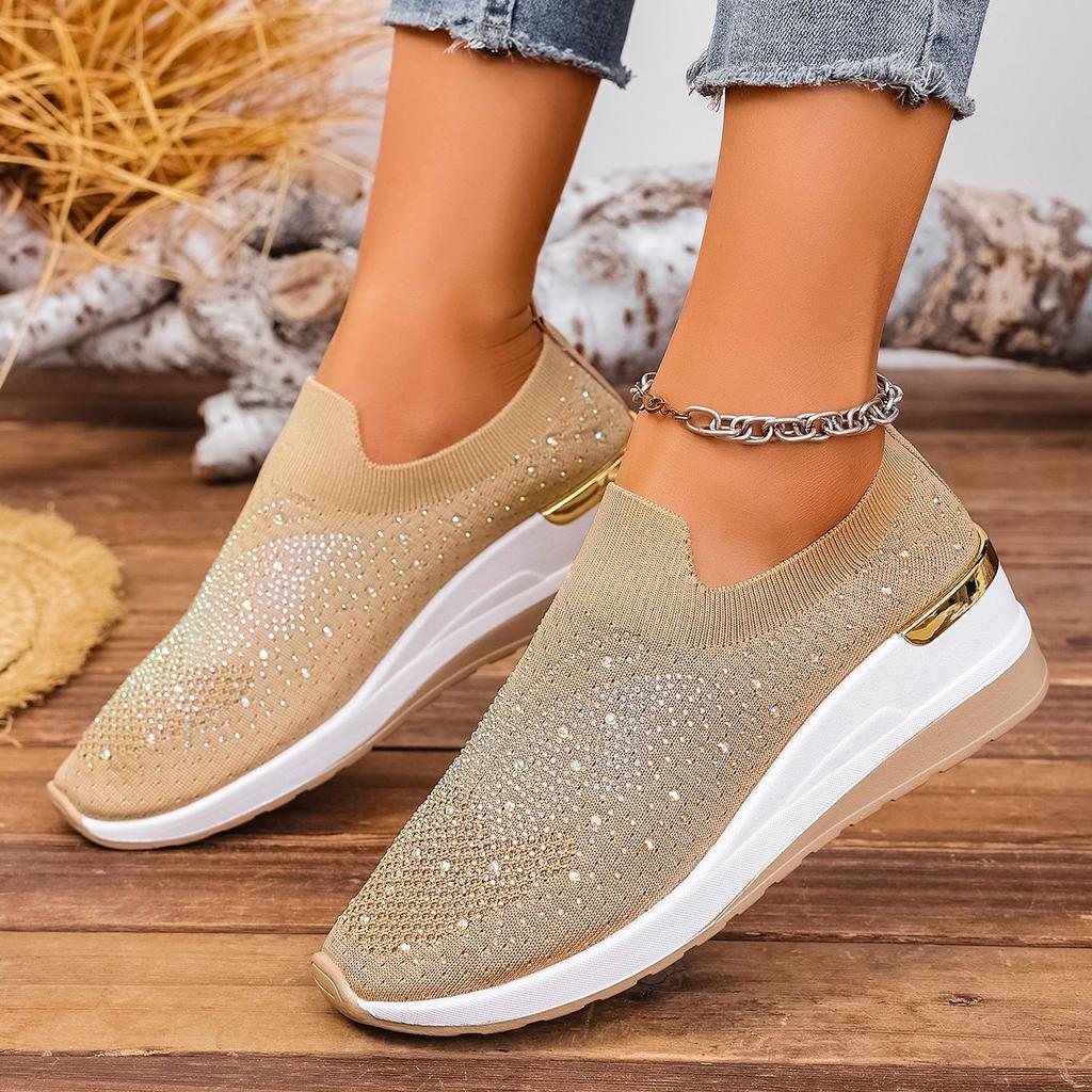 Women's Summer Sports Casual Shoes with Wedge Heels, Round Toe and Rhinestone Slip-on Shoes