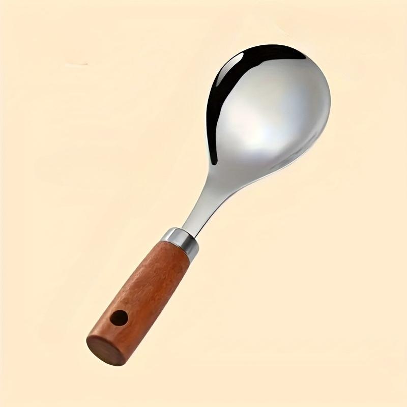 [Stainless Steel | Wooden] 2pcs Stainless Steel Wooden Handle Soup Spoon Set - Non-Stick Kitchen Utensils for Cooking, Dining