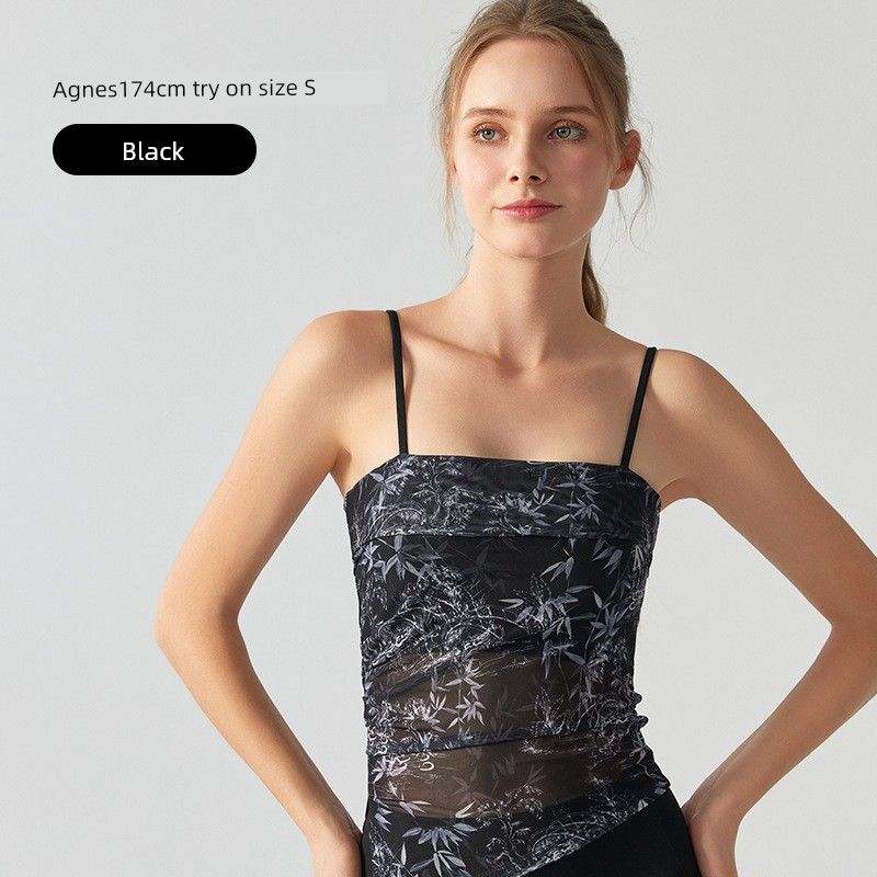 

Новая одежда для йоги в китайском стиле, сетчатый спортивный бюстгальтер с рисунком тушью, женский жилет для фитнеса с нерегулярным дизайном в стиле гяру Black S