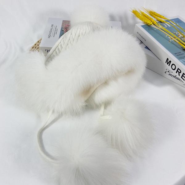 Winter Hats Women Natural Fox Fur Fuffy Warm Fashion Stylish Knitted Pompom Girls Fur Hat