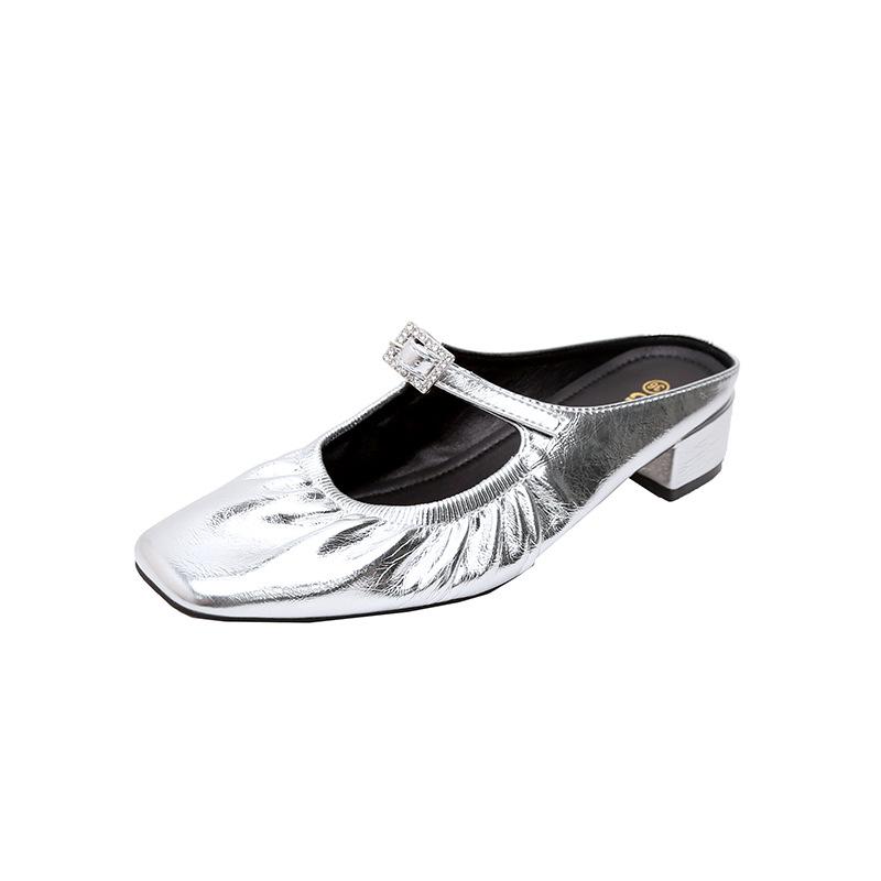 2025 summer new versatile temperament square head folds one pedal rhinestone buckle belt Muller leather half slippers