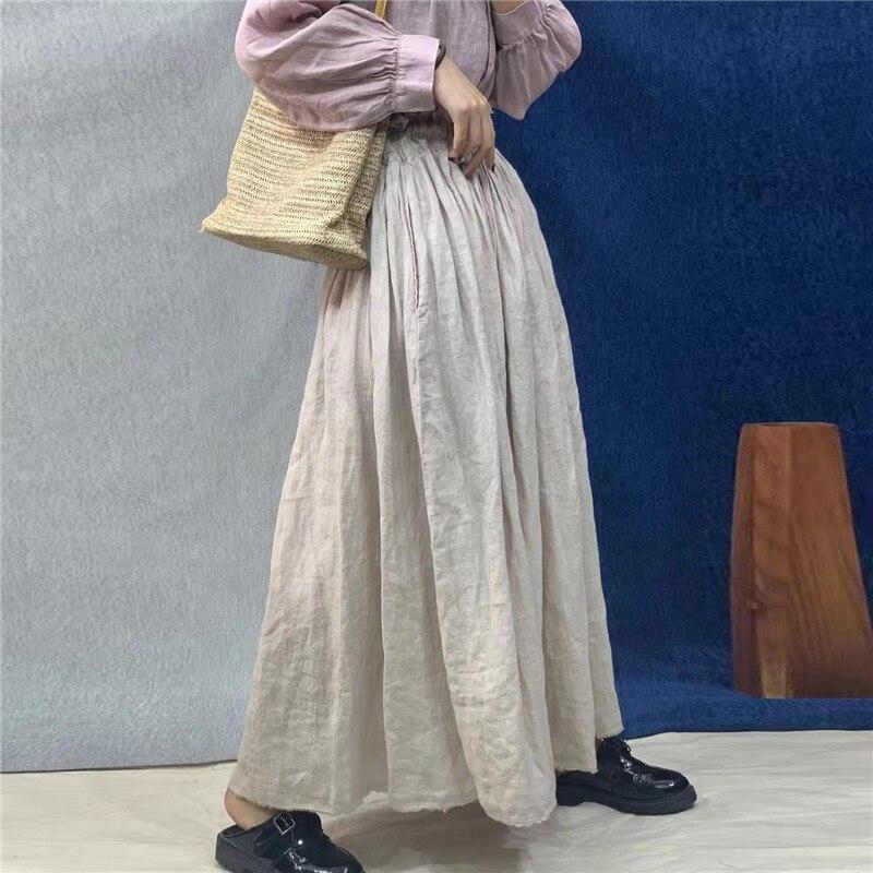 Johnature Vintage Linen Women Skirts Casual High Waist Solid Color Female Skirts