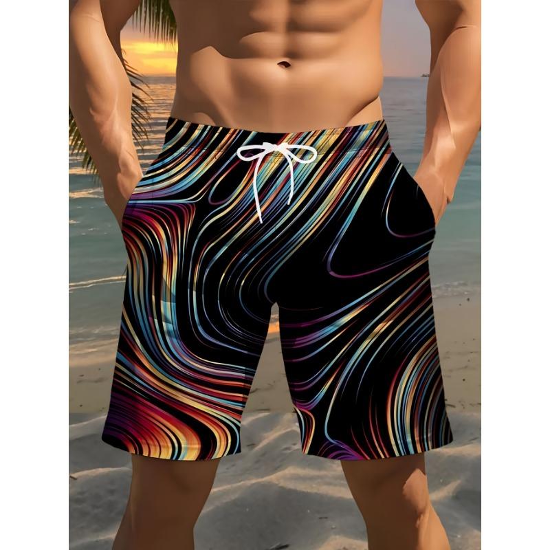 

Men s Stylish Printed Beach Shorts with 3D Printed Gradient Line Pattern, - Relaxed Polyester Drawstring Waist S