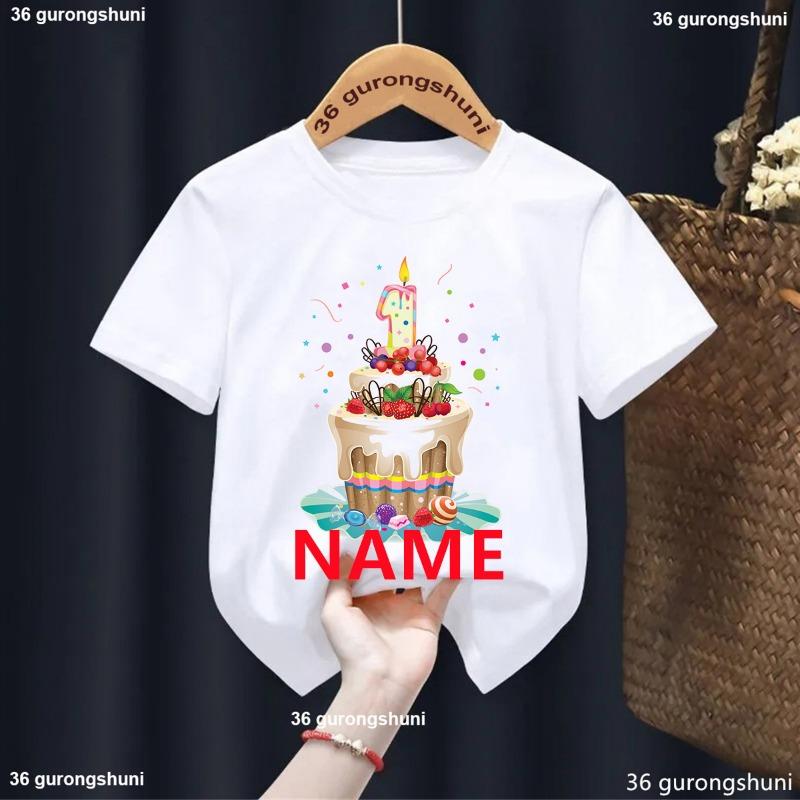 

Новая футболка для девочек 1-9 лет с принтом торта и цифр На День Рождения Подарок для Детской Вечеринки Персонализированное Имя Милая Детская Футболка 110