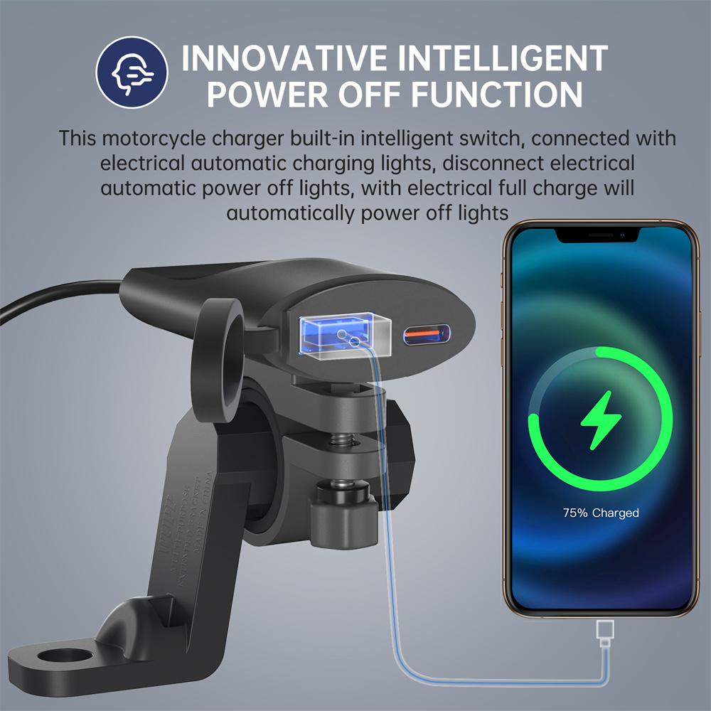 USB-C USB-A Dual Ports Motorcycle Charger For Handlebar or Rearview Mirror Mount
