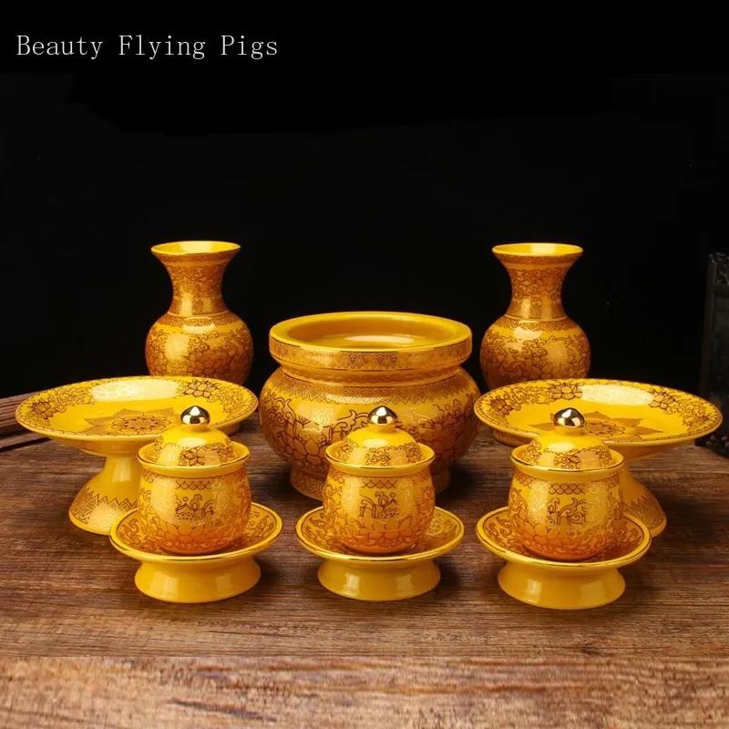 Traditional Buddha Lotus Oil Lamp Buddha Hall Ceramic Butter Lamp Home Feng Shui Offering Ornaments Buddhist Decoration Supplies