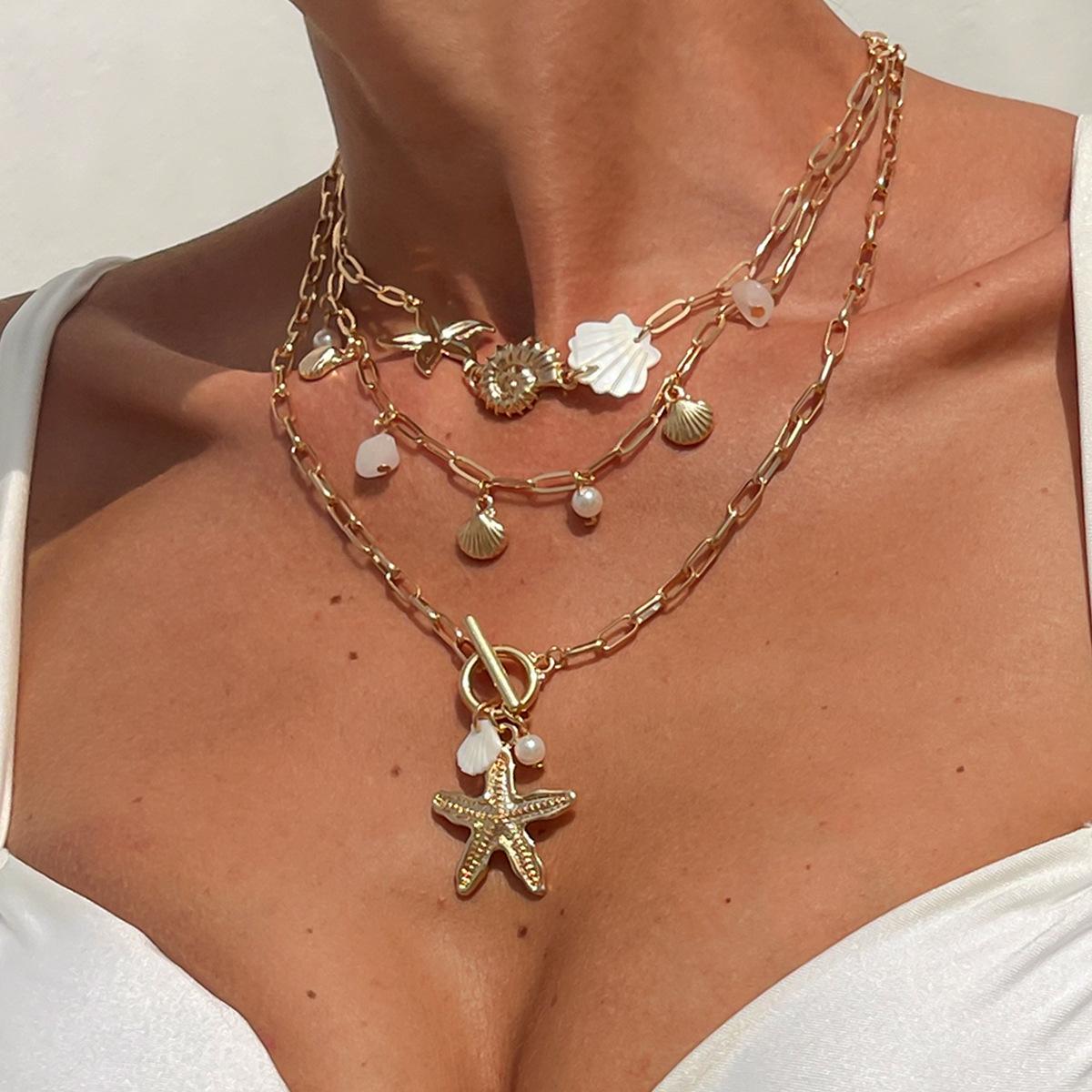 

Holiday ocean wind shell starfish pendant necklace set, simple imitation pearl gravel necklace for women