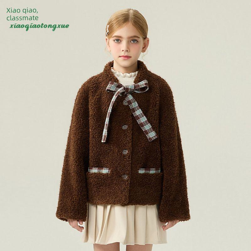 Children s Fur Coat 2025 Autumn and Winter New Style Girls  Faux Lamb Wool Short Korean Style with Tie Curry color 110