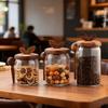 Home Kitchen Transparent Glass Sealed Jar With Spoon Leaf Wooden Lid Coffee Bean Moisture Proof Spice Storage Container
