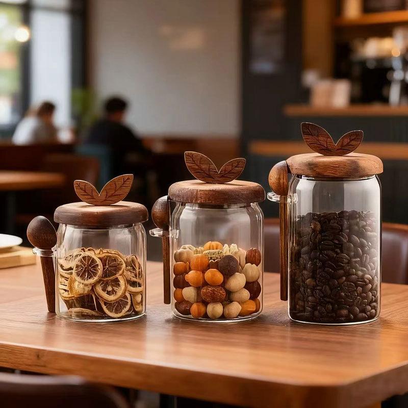 Home Kitchen Transparent Glass Sealed Jar With Spoon Leaf Wooden Lid Coffee Bean Moisture Proof Spice Storage Container